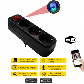 Siyah Kablosuz 3�l� Priz WiFi Gizli Kamera